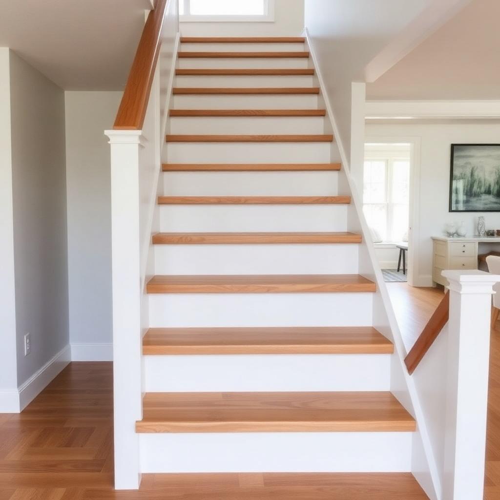 Wood stair treads with white risers installed to match the main floor